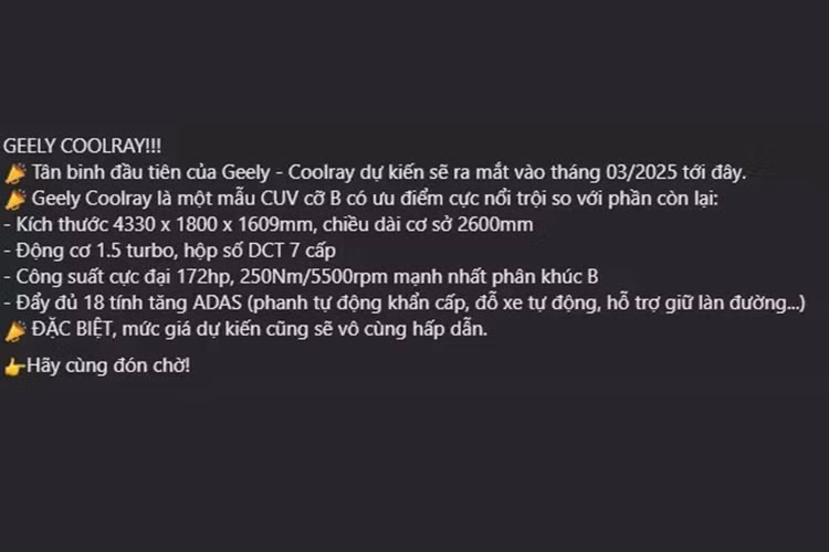 Geely Coolray tại Việt Nam sẽ được nhập khẩu nguyên chiếc từ thị trường này, giữ nguyên thiết kế so với phiên bản đang phân phối tại Malaysia. Trong khi đó, tại Philippines, Geely Coolray đã ra mắt phiên bản nâng cấp vào tháng 9/2024 với diện mạo hiện đại hơn. Tuy nhiên, chưa rõ phiên bản nào sẽ được phân phối tại Việt Nam. 