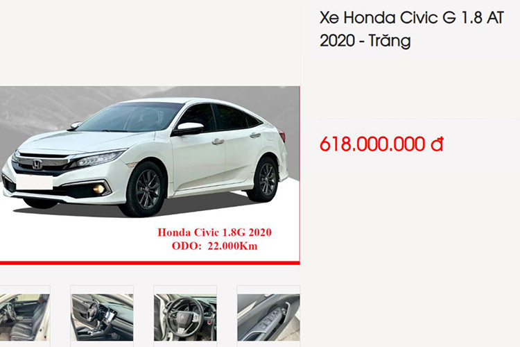 Trên thị trường xe đã qua sử dụng Hà Nội, một chiếc Honda Civic đời 2020 đang được rao bán lại với mức giá chỉ 618 triệu đồng. Theo người bán, chiếc Civic thuộc bản G (bản giữa), mới lăn bánh 4 năm và có số ODO là 22.000 km. Ở thời điểm mua, xe được nhập khẩu từ Thái Lan, tình trạng hiện tại vẫn còn khá mới.