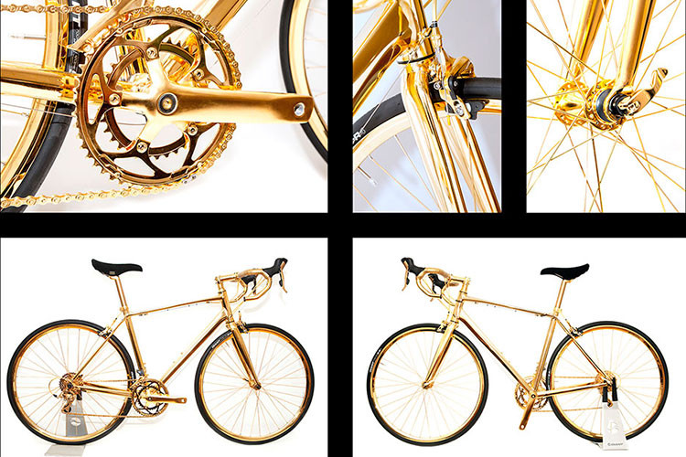 Mọi chi tiết trên chiếc xe đều được phủ vàng từ tay lái, dây xích, cho đến căm xe…, chỉ trừ một số chi tiết như lốp và yên trang bị màu đen.