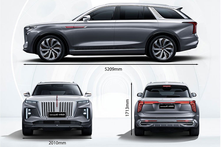 Mẫu SUV thuần điện E-HS9 cũng sở hữu phong cách thiết kế và những nét đặc trưng của H9 từ phần lưới tản nhiệt đầu xe hình thác nước đến đuôi xe hình sao Bắc Đẩu. Nhìn chung, thiết kế ngoại hình của Hongqi E-HS9 mang nhiều tư tưởng của Rolls-Royce. Điều này không khó hiểu khi năm 2018, hãng tuyển dụng Giles Taylor - Cựu Giám đốc Phong cách của thương hiệu xe siêu sang Anh quốc.