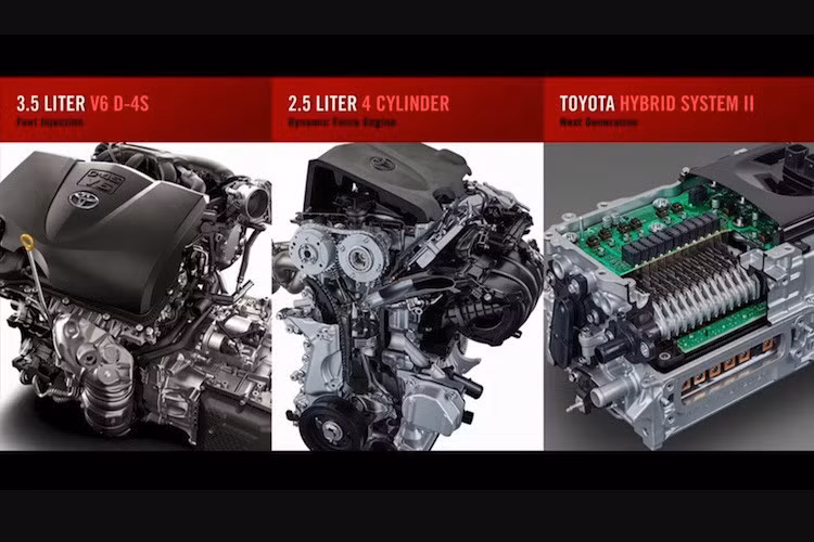 Phần động cơ, Toyota Camry sử dụng động cơ xăng 2.0 lít, 2.5 lít và 3.5 lít dành cho tất cả các thị trường. Ngoài ra, mẫu xe có thêm phiên bản hybird với động cơ mang mã A25A-FX kết hợp chạy điện và xăng dung tích 2.5 lít. Xe sở hữu mức tiêu hao nhiên liệu khá ấn tượng với 3,3 lít/100km. 