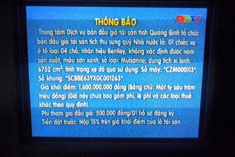 Được biết, phí tham gia đấu giá là 500.000 Đồng/hồ sơ đăng ký. Tiền đặt cọc là 15% trên giá khởi điểm của xe, tức 240 triệu đồng. Theo giới sành xe cho biết, hiện một chiếc Bentley Mulsanne đã qua sử dụng tại Việt Nam có giá bán 8 đến 10 tỷ Đồng.