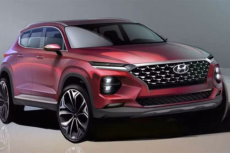 Ngay từ cái nhìn đầu tiên, rõ ràng có thể thấy mẫu xe Hyundai Santa Fe 2019 thế hệ thứ 4 đã có một cuộc cải tổ đáng kể về thiết kế. Mặt trước của xe sẽ được phát triển từ người đàn em Kona. Hộc đèn sương mù lớn của xe đối nghịch với cụm đèn chiếu sáng và dải LED nhỏ.