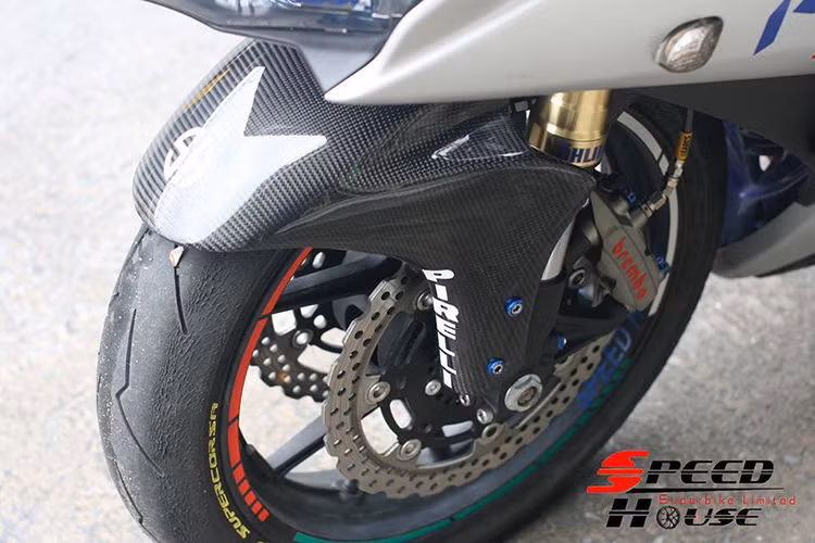 Dàn chân trước cứng cáp với cặp phuộc USD Ohlins, mâm Ninja 600 kép, đi kèm với đó là cặp lốp Pirelli.