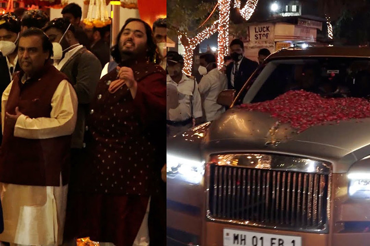 Chiếc Rolls-Royce Cullinan Black Badge của Anant Ambani nổi bật trên đường phố với màu sơn ngoại thất cam cùng một đoàn xe an ninh hộ tống.