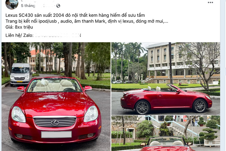 Hiện tại, giá xe Lexus SC430 2004 trong bài viết này đang được chủ nhân rao bán với mức giá hơn 800 triệu đồng. Con số này ngang bằng với nhiều mẫu sedan hạng D phổ thông như Mazda6 (769-899 triệu đồng) hay Kia K5 (859-999 triệu đồng).