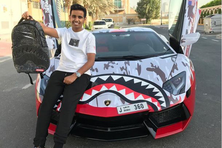 Độ tuổi hợp pháp ở Dubai là 18 vì vậy cậu bé luôn có người hộ tống mỗi khi ra đường. Tuy nhiên, cậu đã bán chiếc Ferrari F12 Berlinetta vào đẩu năm 2018. Ngay sau đó, Rashed Belhasa tậu về chiếc Lamborghini Aventador và thể hiện độ chơi, cậu cũng đã phủ họa tiết hàm cá mập biểu tượng của thương hiệu thời trang A Bathing Ape (Bape) cho xe.