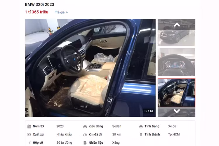 Cụ thể, theo thông tin rao bán xe BMW 320i Sport Line LCI 2023 đập hộp được đăng tải trên sàn ôtô cũ, xe mới chỉ lăn bánh 30 km. Chiếc xe có ngoại thất màu xanh dương, nội thất màu ken chủ đạo. Được biết, tổng chi phí lăn bánh xe BMW 320i Sport Line là 1,530 tỷ đồng và hiện rao giá chỉ 1,365 tỷ đồng, tức mức lỗ gần 170 triệu đồng. 
