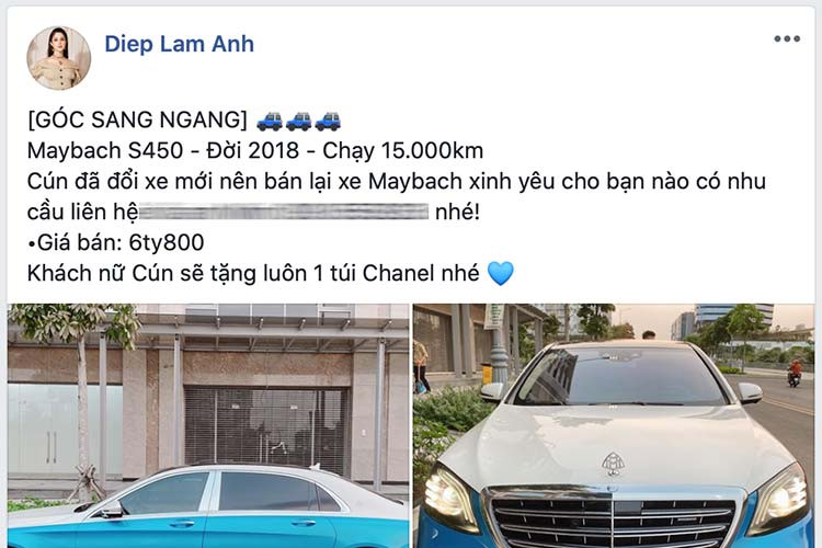 Theo thông tin của Diệp Lâm Anh đăng tải, cô muốn bán lại chiếc xe siêu sang Mercedes-Maybach S450 4 Matic đời 2018 này với mức giá bán 6,8 tỷ đồng. Tại thời điểm mua tháng 9/2018, mức giá xe Mercedes-Maybach S450 4 Matic bán chính hãng được niêm yết là 7,219 tỷ đồng.