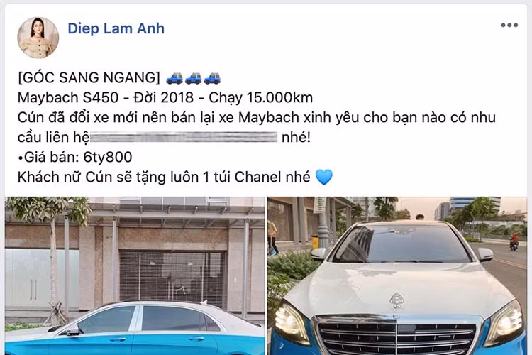 Theo thông tin của Diệp Lâm Anh đăng tải, cô muốn bán lại chiếc xe siêu sang Mercedes-Maybach S450 4 Matic đời 2018 này với mức giá bán 6,8 tỷ đồng. Tại thời điểm mua tháng 9/2018, mức giá xe Mercedes-Maybach S450 4 Matic bán chính hãng được niêm yết là 7,219 tỷ đồng.