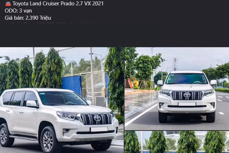 Chẳng hạn, một chiếc Toyota Land Cruiser Prado đời 2021 hiện đang được rao bán với giá 2,39 tỷ đồng. Được biết, tại thời điểm mua mới, chủ xe đã phải chi gần 3 tỷ đồng (chưa bao gồm các khoản phí phụ) để hoàn tất thủ tục đăng ký. Giá xe Toyota Land Cruiser Prado 2021 thời điểm ra mắt niêm yết là 2,548 tỷ đồng.
