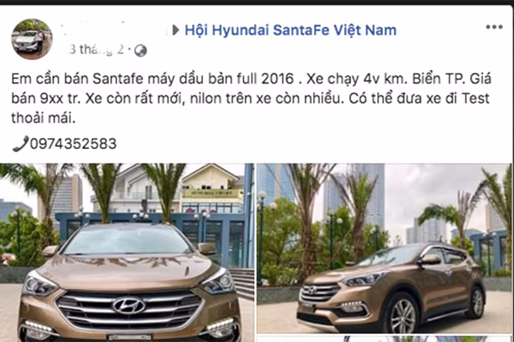 Một chiếc Hyundai SantaFe máy dầu 2016 có giá lên tới hơn 900 triệu đồng tuỳ ngoại hình và chất lượng, tương đương một chiếc Honda CR-V đời mới hơn. Điều này cho thấy giá trị của mẫu xe Hàn Quốc này tại thị trường Việt Nam. Trong ảnh là một chủ xe chào bán Hyundai SantaFe đời 2016 mày dầu đã chạy được khoảng 40.000 km ở Hà Nội.