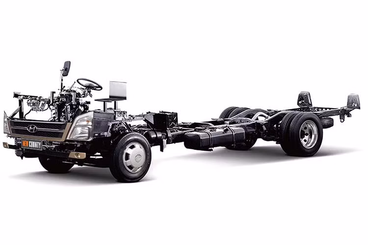 New County sử dụng hệ thống treo nhíp lá, giảm chấn thủy lực và thanh cân bằng giúp cho xe vận hành êm ái và ổn định ngay cả trên những cung được xấu. Khung gầm được làm bằng thép cao cấp, theo cấu trúc vòng xoay khép kín đảm bảo độ vững chắc, chống xoắn vặn và vận hành êm ái trên mọi địa hình.