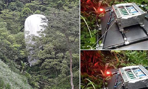 Hình ảnh thiết bị lạ rơi xuống rừng ở Hà Giang. Ảnh H.C