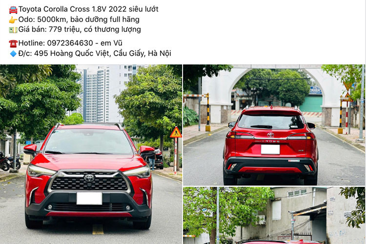 Mới đây, một chiếc Toyota Corolla Cross đời 2022 đang được chủ nhân chào bán với giá khoảng 779 triệu đồng. Theo thông tin từ người bán, chiếc xe thuộc phiên bản 1.8V, ngoại thất màu đỏ và chỉ số ODO mới chỉ là 5.000 km. Đây được xem là chiếc Toyota Corolla Cross 1.8V 2022 hiếm có khó tìm trên sàn ôtô cũ.