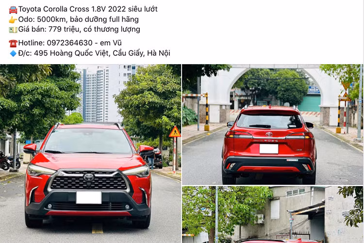 Mới đây, một chiếc Toyota Corolla Cross đời 2022 đang được chủ nhân chào bán với giá khoảng 779 triệu đồng. Theo thông tin từ người bán, chiếc xe thuộc phiên bản 1.8V, ngoại thất màu đỏ và chỉ số ODO mới chỉ là 5.000 km. Đây được xem là chiếc Toyota Corolla Cross 1.8V 2022 hiếm có khó tìm trên sàn ôtô cũ.