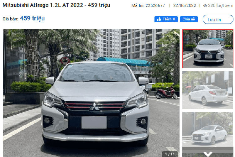 Chiếc Mitsubishi Attrage đời 2022 này đang được chủ nhân chào bán với giá 459 triệu đồng. Xe thuộc phiên bản 1.2L CVT, đăng ký năm 2022 và mới đi 9.800 km. Theo khẳng định của chủ xe, chiếc xe còn mới 90%, biển Hà Nội với dãy số khá đẹp.