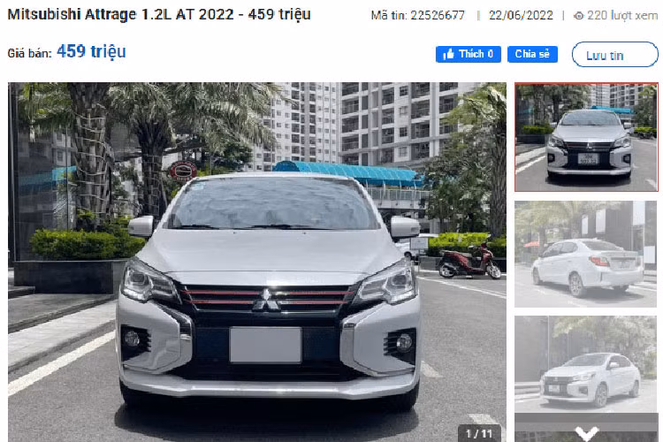 Chiếc Mitsubishi Attrage đời 2022 này đang được chủ nhân chào bán với giá 459 triệu đồng. Xe thuộc phiên bản 1.2L CVT, đăng ký năm 2022 và mới đi 9.800 km. Theo khẳng định của chủ xe, chiếc xe còn mới 90%, biển Hà Nội với dãy số khá đẹp.