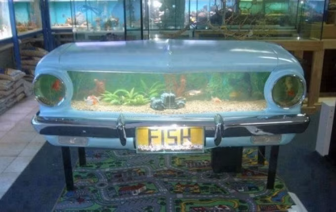 Phần đầu xe chỉ cần thêm kính, gắn thêm bảng số mới bạn đã có một bể cá sinh động mà không đụng hàng.