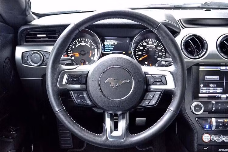Vô-lăng 3 chấu thể thao của xe được tích hợp một loạt các nút bấm điều khiển điện thoại và hệ thống thông tin giải trí, với logo "ngựa hoang" truyền thống của dòng xe nằm ở chính giữa. Hàng ghế trước của xe được gắn logo bản kỉ niệm 50 năm, logo Ford Mustang tiếp tục xuất hiện trên tap-lô thẳng vị trí ghế phụ.