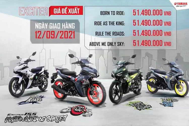 Giá xe Yamaha Exciter 155 VVA 2021 phiên bản giới hạn bán ra từ 51,5 triệu đồng, trong khi bản kỷ niệm 60 năm MotoGP có giá 52 triệu đồng, cao hơn 500.000 nghìn đồng. Trong khi đó, các phiên bản còn lại của Exciter 155 vẫn giữ nguyên giá, từ 49 triệu đồng cho bản tiêu chuẩn đến 50,5 triệu đồng cho bản xanh GP.