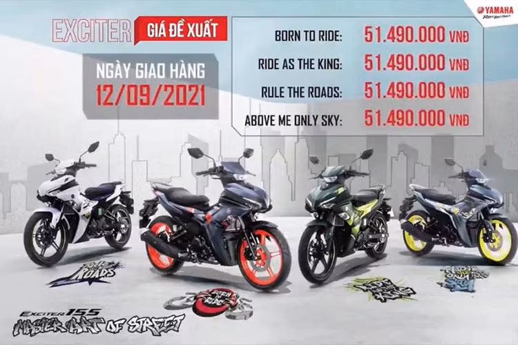 Giá xe Yamaha Exciter 155 VVA 2021 phiên bản giới hạn bán ra từ 51,5 triệu đồng, trong khi bản kỷ niệm 60 năm MotoGP có giá 52 triệu đồng, cao hơn 500.000 nghìn đồng. Trong khi đó, các phiên bản còn lại của Exciter 155 vẫn giữ nguyên giá, từ 49 triệu đồng cho bản tiêu chuẩn đến 50,5 triệu đồng cho bản xanh GP.