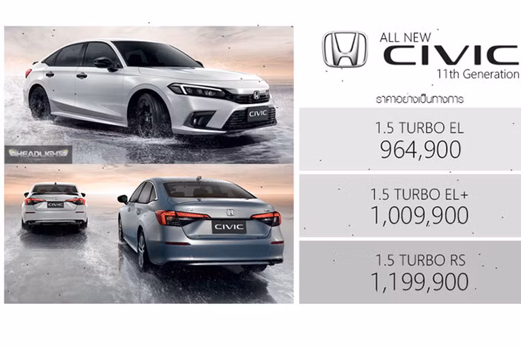 Giá xe Honda Civic 2022 tại Thái Lan bản EL - Giá 964.900 baht (tương đương khoảng 662 triệu đồng). Honda Civic EL + - Giá 1.009.900 baht (tương đương khoảng triệu 693 đồng) Honda Civic RS - Giá 1.199.900 baht (tương đương khoảng 824 triệu đồng). Sau khi ra mắt thị trường Thái Lan, nhiều người Việt đang trông chờ mẫu xe mới này về nước. 