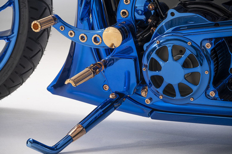 Trục cam, van điều khiển và van tiết lưu được mạ vàng của Harley-Davidson Blue Edition Bucherer tất cả đều được phơi sáng qua đèn LED nhiệt. Xe được gắn thêm túi da bò thật, được đặt may thủ công từ Thụy Sĩ.