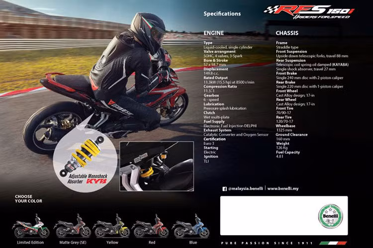 Xe sở hữu bình xăng dung tích 4,8 lít được bố trí bên dưới yên xe. Xe có chiều cao yên khá cao là 787mm và có tổng trọng lượng là 126kg. Giá xe Benelli RFS150i LE 2019 được bán ra tại thị trường Malaysia ở mức 7.488 Ringgit (tương đương 42 triệu đồng).