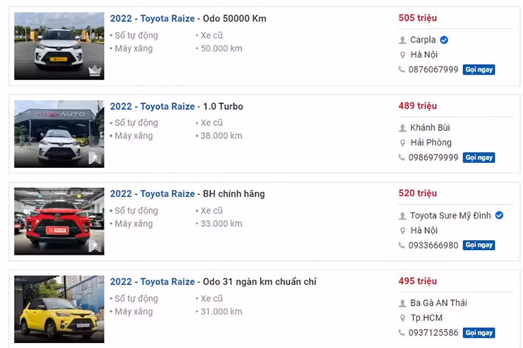 Trên thị trường xe cũ, nguồn cung Toyota Raize đã qua sử dụng khá dồi dào, kèm với đó là nhiều khoảng giá khác nhau. Những chiếc Toyota Raize đời 2022 được chào bán với giá dao động từ 460-540 triệu đồng, nhiều người tỏ ra bối rối. Không biết nên chốt mua xe Toyota Raize 2022 cũ với mức giá bao nhiêu cho hợp lý.