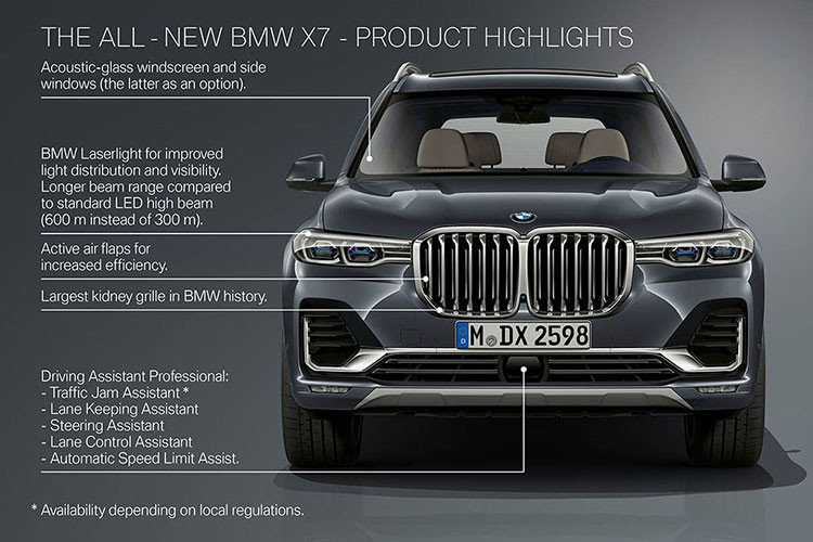 BMW X7 2019 sở hữu lưới tản nhiệt “quả thận” đặc trưng của BMW lớn nhất trước nay trong lịch sử. Nếu bản concept có vài đường nét cực đoan, ví như đèn pha cực mảnh kiểu “mắt hí” thì bản sản xuất đã có một thiết kế đèn pha lớn hơn và hài hòa hơn, trong đó có tùy chọn trang bị đèn pha Laser siêu sáng (tầm xa tới 600 mét, gấp đôi đèn full-LED). Cản trước xe rất đẹp mắt và làm cho phần đầu xe vuông vức, sang trọng.