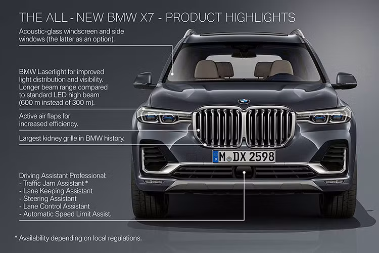 BMW X7 2019 sở hữu lưới tản nhiệt “quả thận” đặc trưng của BMW lớn nhất trước nay trong lịch sử. Nếu bản concept có vài đường nét cực đoan, ví như đèn pha cực mảnh kiểu “mắt hí” thì bản sản xuất đã có một thiết kế đèn pha lớn hơn và hài hòa hơn, trong đó có tùy chọn trang bị đèn pha Laser siêu sáng (tầm xa tới 600 mét, gấp đôi đèn full-LED). Cản trước xe rất đẹp mắt và làm cho phần đầu xe vuông vức, sang trọng.