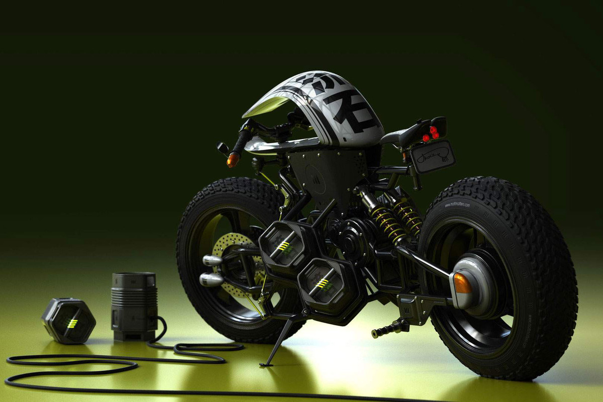 Phần hay nhất đó chính là bộ gắp trước sau đi cùng với giảm xóc cho một vẻ khá khùm khoằm và dị thường, hai phần nhô ra ở giữa xe như ống xả của động cơ tên lửa chính là các khối pin năng lượng của xe. Đây là tác phẩm của nhà thiết kế Matt Tkocz tại Los Angeles - Mỹ.