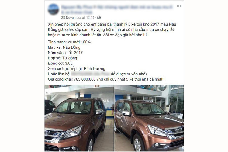 Được biết, đây là bài đăng chào hàng của một nhân viên tư vấn bán hàng. Ngay sau khi bài đăng bán xe Isuzu Mu-X đời 2017 này đưa lên mạng xã hội, nó nhanh chóng thu hút nhiều sự chú ý từ phía người dùng - đặc biệt là những người yêu thích Isuzu. Đây là xe mới 100%, bán tại một đại lý ở Bình Dương và thuộc biến thể 3.0L 4x2 AT.