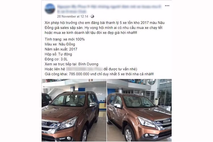 Được biết, đây là bài đăng chào hàng của một nhân viên tư vấn bán hàng. Ngay sau khi bài đăng bán xe Isuzu Mu-X đời 2017 này đưa lên mạng xã hội, nó nhanh chóng thu hút nhiều sự chú ý từ phía người dùng - đặc biệt là những người yêu thích Isuzu. Đây là xe mới 100%, bán tại một đại lý ở Bình Dương và thuộc biến thể 3.0L 4x2 AT.