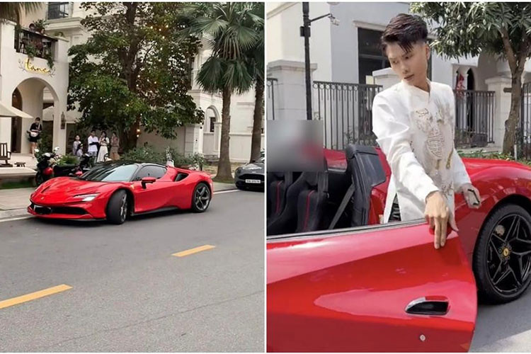 Dẫn đầu đoàn xe là chiếc siêu xe Ferrari F8 Spider màu đỏ bóng bẩy do đích thân chú rể Đạt Villa cầm lái. Chiếc xe này khi ra biển trắng có giá lên đến 25 tỷ đồng.