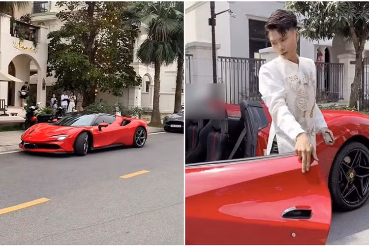 Dẫn đầu đoàn xe là chiếc siêu xe Ferrari F8 Spider màu đỏ bóng bẩy do đích thân chú rể Đạt Villa cầm lái. Chiếc xe này khi ra biển trắng có giá lên đến 25 tỷ đồng.