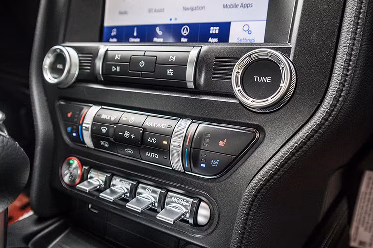 Ở khu vực táp-lô bên ghế phụ xe còn có dòng chữ “FIFTY FIVE YEAR” đánh dấu đây là bản kỷ niệm 55 năm. Bên cạnh đó, Ford Mustang còn nhiều tiện nghi khác như: Điều hoà tự động độc lập 2 vùng, nút bấm khởi động, cửa kính 1 chạm không viền... thiết kế ghế của chiếc xe thể thao này chỉ 2+2, hàng ghế sau nhỏ và chỉ dành cho trẻ em.