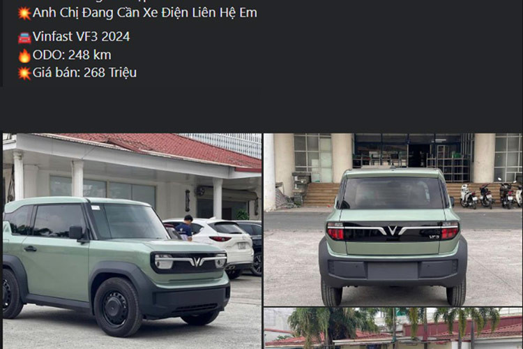 Theo người bán, chiếc VinFast VF3 này đã lăn bánh được 248 km, có ngoại thất màu xanh quân đội, còn rất mới do sử dụng ít, và đã trang bị thảm sàn. Giá xe VinFast VF3 đã qua sử dụng sang tên mà người bán đề xuất là 268 triệu đồng.