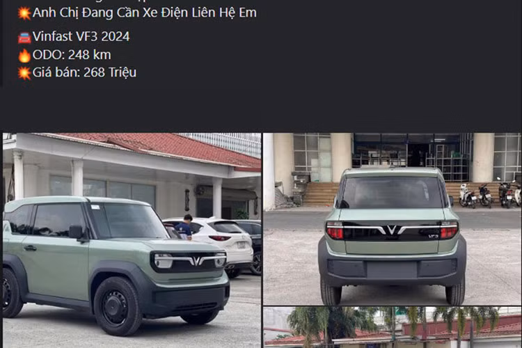 Theo người bán, chiếc VinFast VF3 này đã lăn bánh được 248 km, có ngoại thất màu xanh quân đội, còn rất mới do sử dụng ít, và đã trang bị thảm sàn. Giá xe VinFast VF3 đã qua sử dụng sang tên mà người bán đề xuất là 268 triệu đồng.