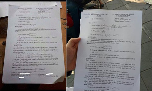 ề thi Ngữ văn và Toán lan truyền trên mạng (ảnh bên trái) và đề thi chính thức giống hệt nhau (Ảnh: Lao động).