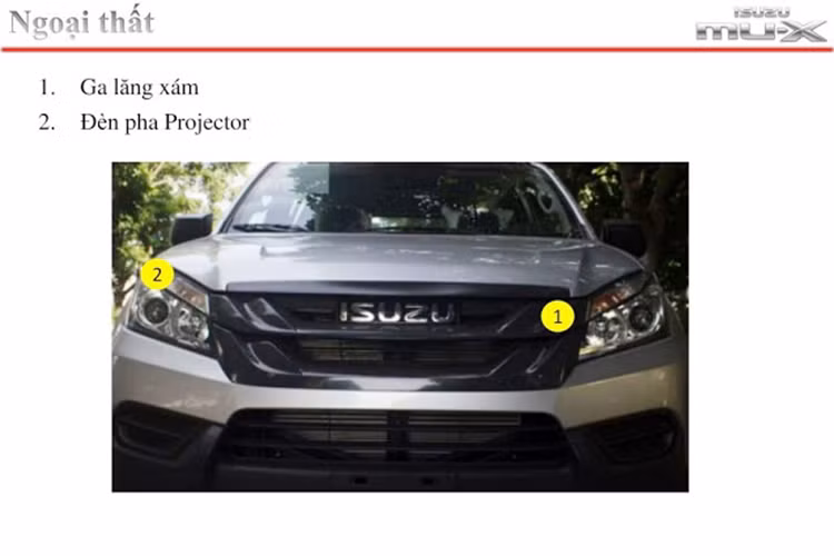 Tuy chỉ là phiên bản giá rẻ nhưng mẫu xe Isuzu MU-X bản số sàn vẫn được trang bị đèn pha Projector, không có đèn sương mù. Lưới tản nhiệt màu xám thay vì mạ chrome như bản cao cấp. Xe cũng không có bậc lên xuống cho hành khách, nóc xe không có giá để đồ, gương hậu ốp nhựa đen chứ không sơn cùng màu thân xe.