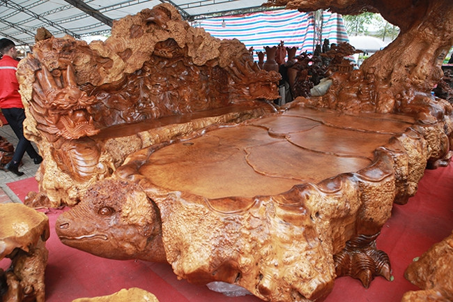 Để chế tác bộ bàn ghế gỗ nu đinh này, chủ nhân phải thuê 5 người thợ giỏi làm việc vất vả 2 năm liền. Ảnh: Dân Việt