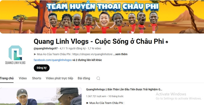 Quang Linh Vlogs sở hữu kênh YouTube chính mang tên Quang Linh Vlogs - Cuộc Sống ở châu Phi với hơn 4,11 triệu lượt đăng ký. Ảnh chụp màn hình