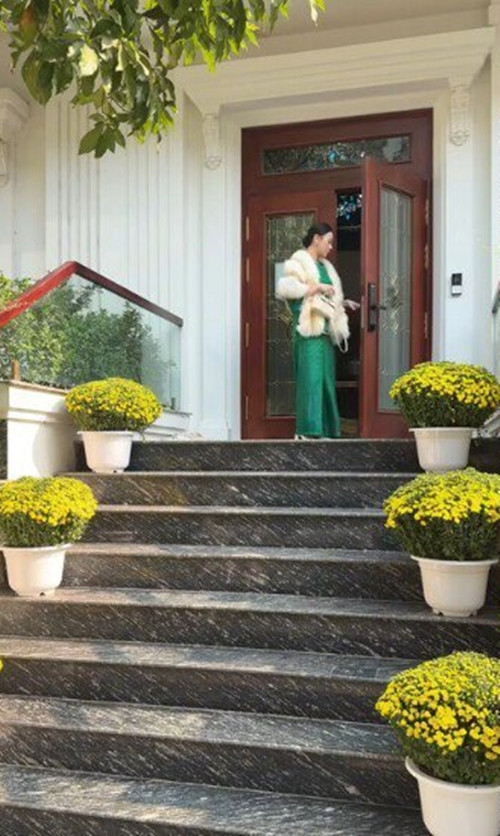Dọc hai bên bậc thềm vào nhà nữ diễn viên đặt chậu cúc vàng rực. Ảnh chụp màn hình