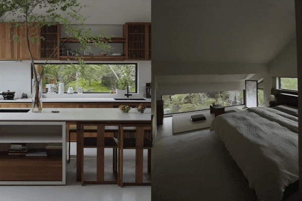 Trên khu đất hàng nghìn mét vuông, căn biệt thự xây với diện tích 100m2. Tất cả các phòng trong nhà đều có cửa sổ lớn từ sàn đến trần lấy ánh sáng tự nhiên. Ảnh: The Paper