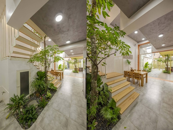 Tại khu vực giữa nhà, dưới khoảng giếng trời là sân vườn nhỏ trồng cây cao, vươn tán lá xum xuê tạo bóng mát. Ảnh: Thiết Vũ