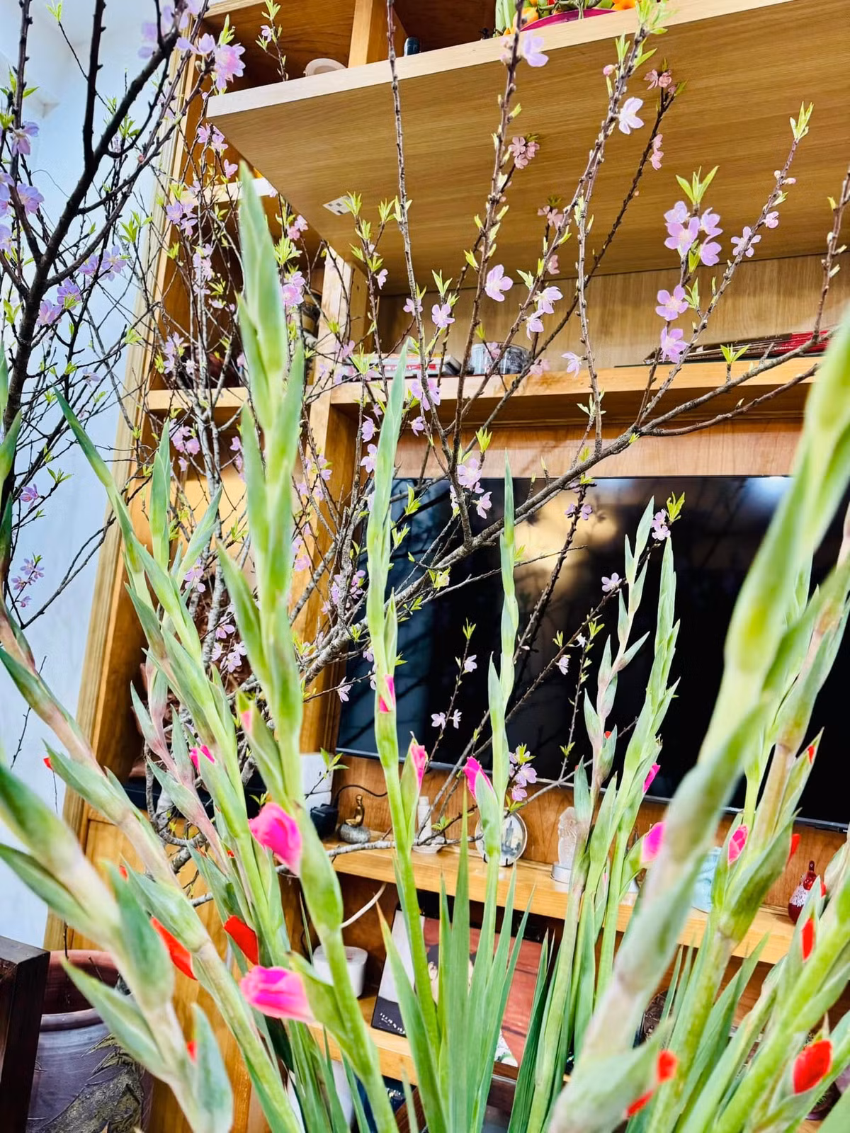 Đào và lay ơn bung nở rực rỡ. Ảnh: FB Thảo Vân