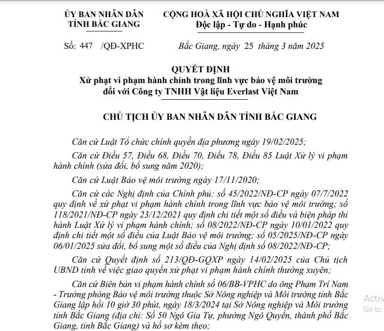 Vi pham moi truong, Cong ty Vat lieu Everlast Viet Nam bi xu phat