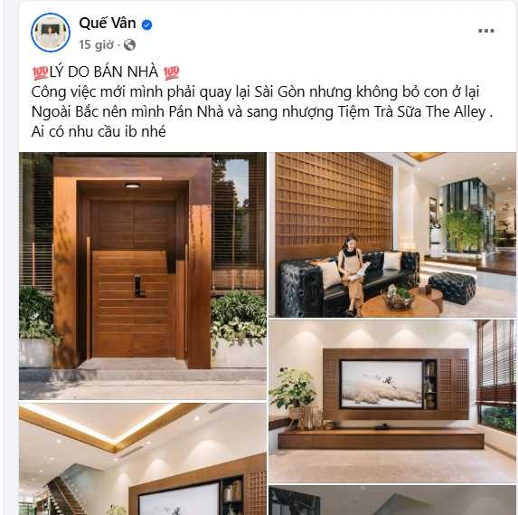 Trên trang cá nhân, Quế Vân thu hút sự chú ý khi đăng tải status rao bán nhà đang ở giá hơn 11 tỷ ở Bắc Giang. Ảnh: chụp màn hình